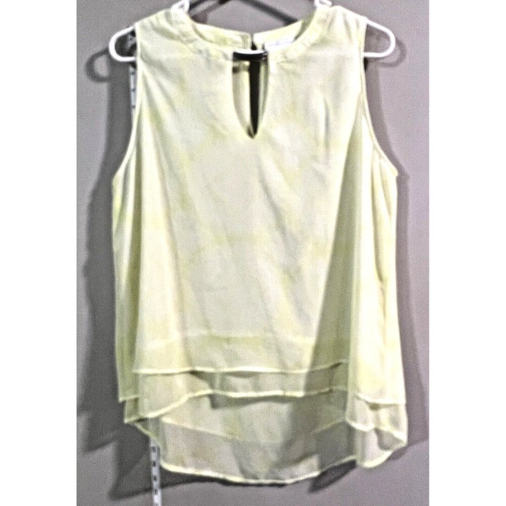 New York & Co Womens Yellow Patterned Sleeveless Blouse Sheer Layered MEDIUM